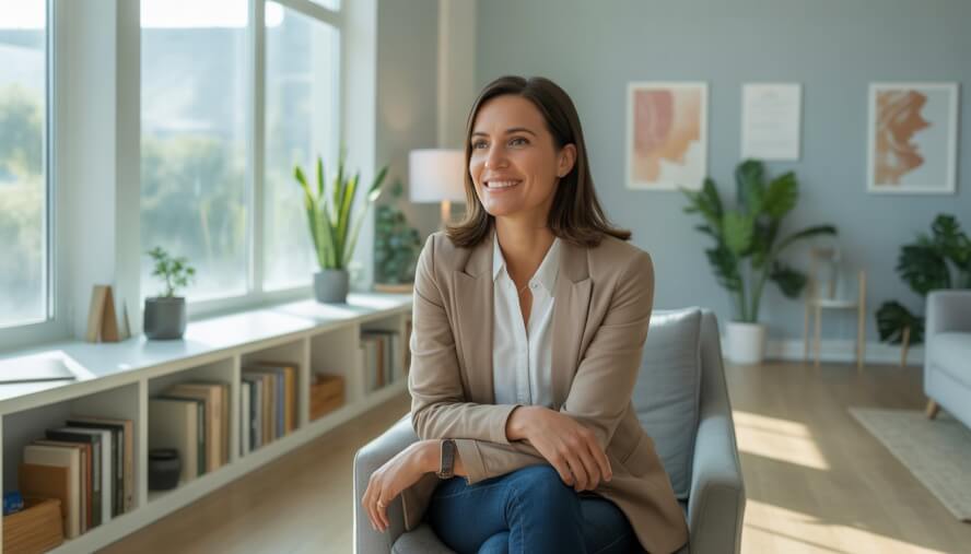 A female therapist sitting in a bright, comfortable office with bookshelves and plants, smiling warmly.