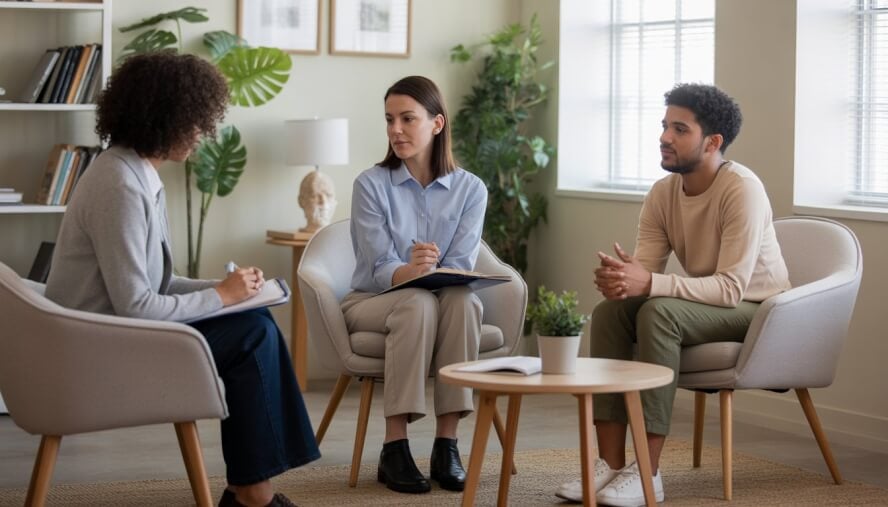 Three adults in a bright therapy office having a supportive conversation, with a therapist listening attentively to two clients.