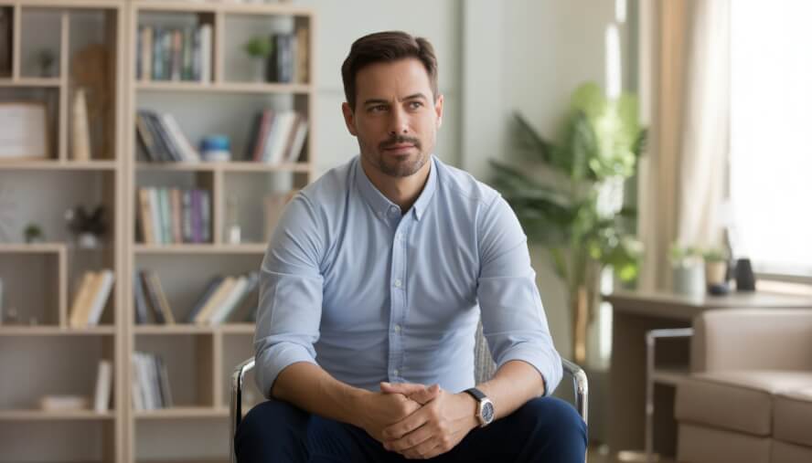 A middle-aged male therapist sitting in a comfortable office with bookshelves and a plant in the background, looking calm and approachable.