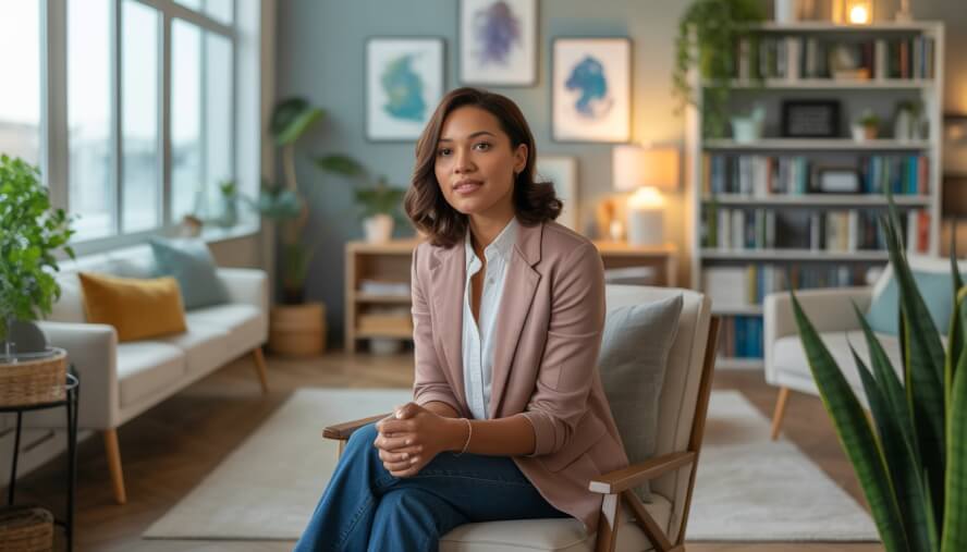 A female therapist sitting in a comfortable chair in a bright, welcoming therapy office with plants and bookshelves.