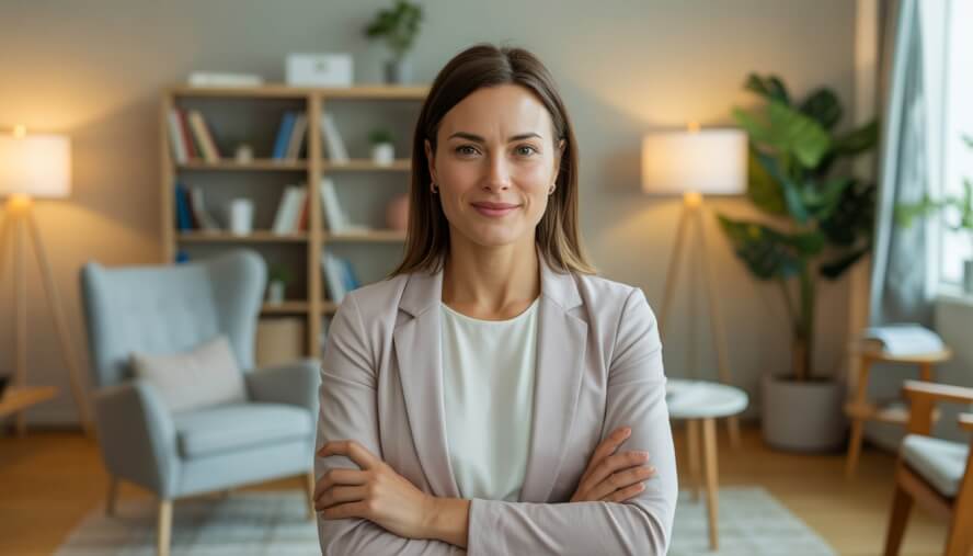 A female therapist sitting in a comfortable office with warm lighting, smiling gently.