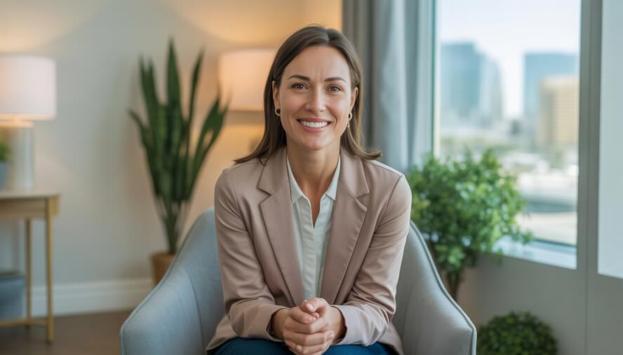 A female therapist sitting in a bright, modern office with a window showing a cityscape in the background.