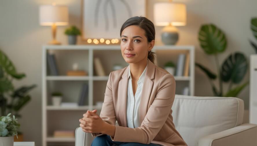 A female therapist sitting in a bright, comfortable office with books and plants, smiling warmly.
