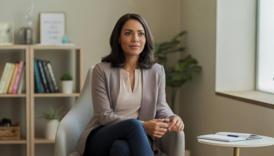 A female therapist sitting in a bright, modern office with bookshelves and plants, looking calm and approachable.