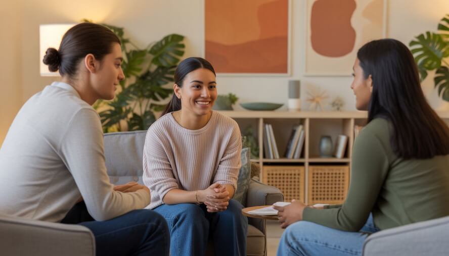 A group of young adult therapists talking with a client in a comfortable counseling office.