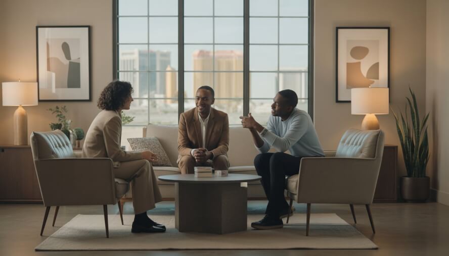 A therapist and two clients talking in a bright, comfortable therapy office with a window showing the Las Vegas skyline.