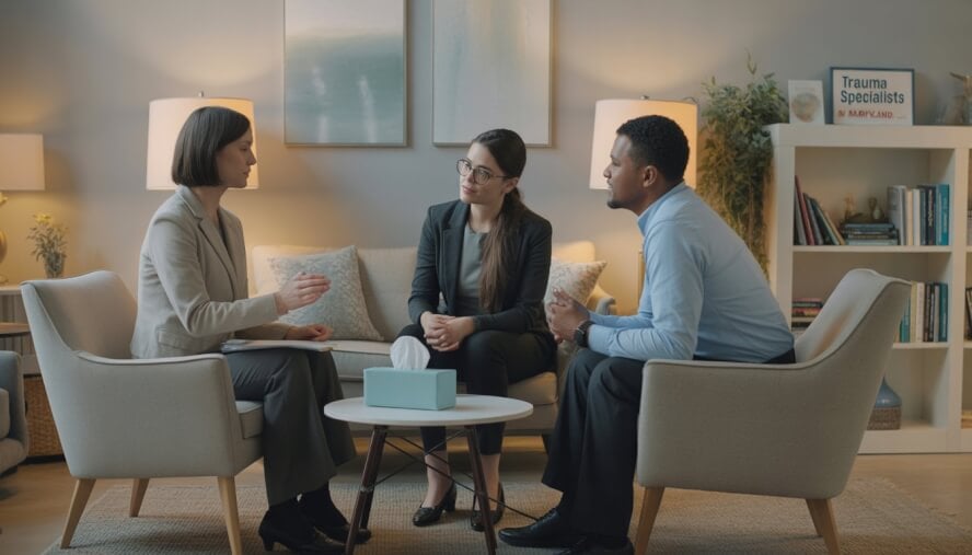 Two therapists talking empathetically with a client in a comfortable, well-lit therapy office.