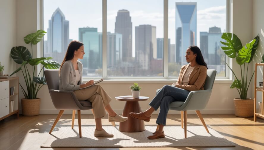 A therapist and client having a supportive conversation in a bright, modern counseling office with a city skyline visible through the window.