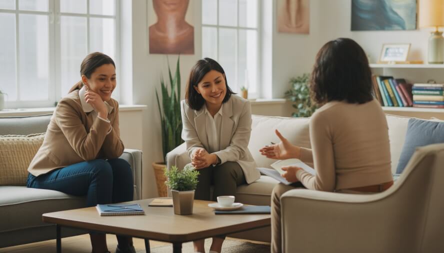 Three therapists and a client having a supportive conversation in a bright, comfortable therapy office with cozy furniture and natural light.