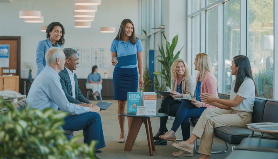A diverse group of healthcare professionals and patients interacting warmly in a bright, welcoming community health clinic reception area.