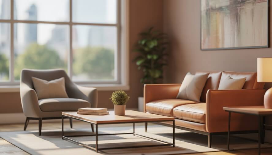 A cozy therapy office with comfortable chairs, a coffee table with books and a plant, and a window showing a city view.