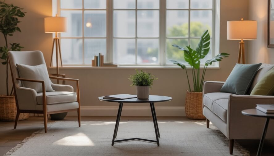 A calm and inviting therapy office with comfortable seating, natural light from a window, and plants, creating a supportive atmosphere.