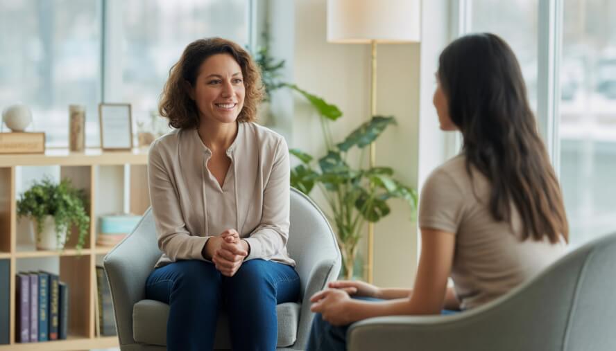 A female therapist attentively listening to a young woman in a comfortable counseling office with natural light and calming decor.