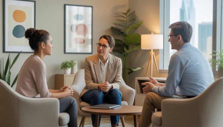 Three people having a supportive conversation in a bright therapy office with a view of Charlotte city skyline.