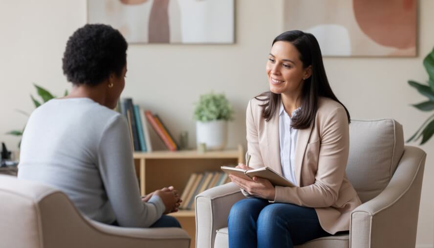A female therapist attentively listening to a client in a bright, comfortable counseling office.