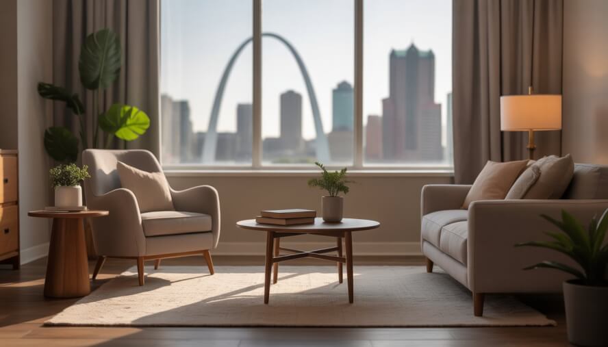 A calm therapy office with comfortable seating and a window showing the St. Louis skyline including the Gateway Arch.