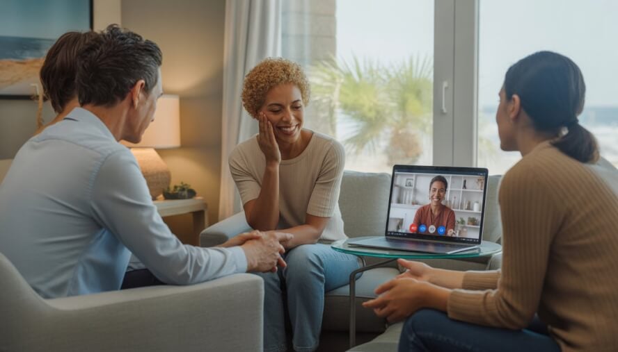 A person participating in a virtual therapy session with a therapist on a laptop in a bright, comfortable room with a coastal view.