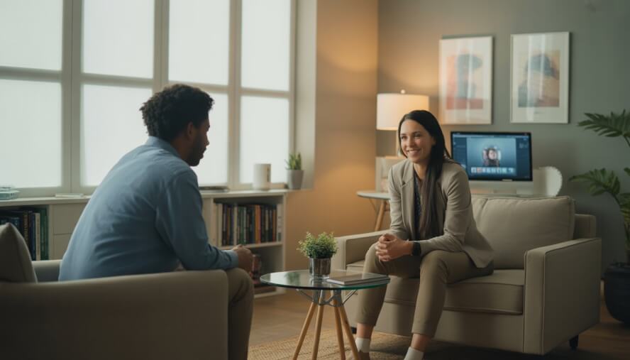 A therapist attentively talking with a client in a bright, comfortable counseling office.