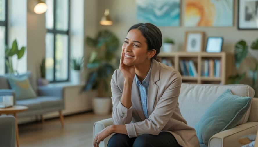 A female therapist sitting in a bright counseling office, smiling gently and listening attentively.