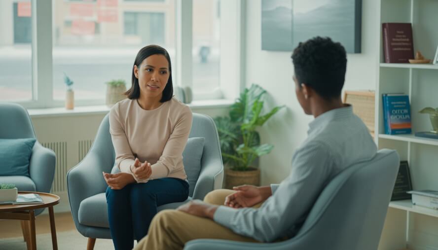 A female therapist attentively listening to a young male client in a bright, comfortable therapy office.