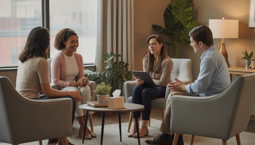 A group of therapists talking supportively with a client in a comfortable counseling office with a city view in the background.