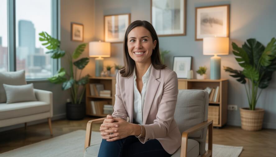 A female therapist sitting in a comfortable office with plants and bookshelves, smiling warmly.