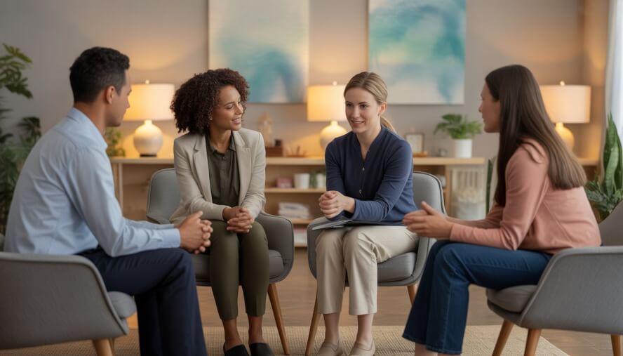A group of trauma therapists and a client having a supportive conversation in a comfortable therapy office.