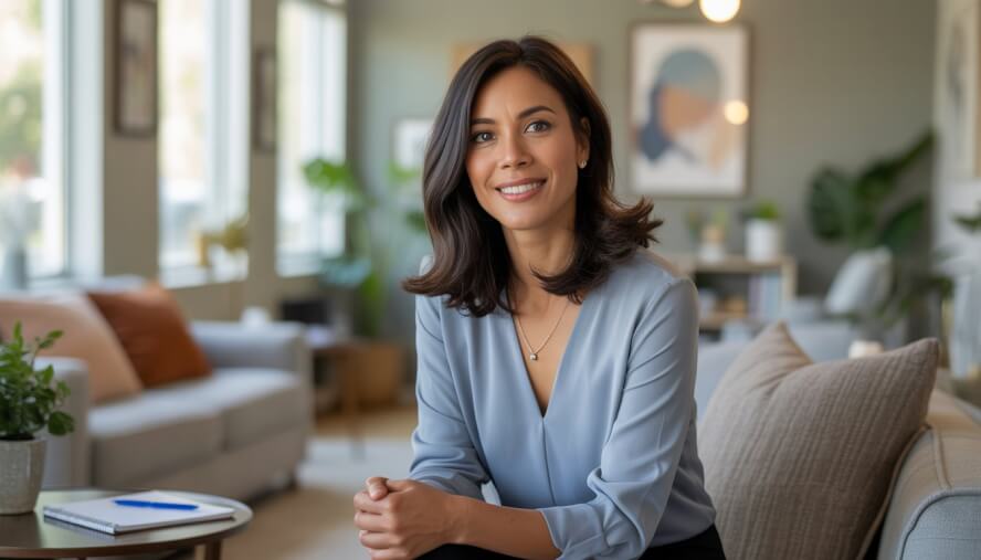 A female therapist sitting in a bright, comfortable therapy office, smiling warmly.