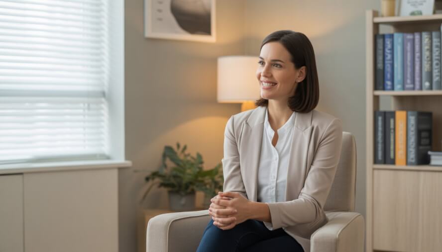 A female therapist sitting in a comfortable office with bookshelves and a plant, smiling warmly.