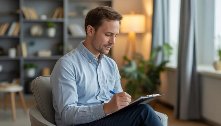 A male therapist sitting in a comfortable office, listening attentively and taking notes.