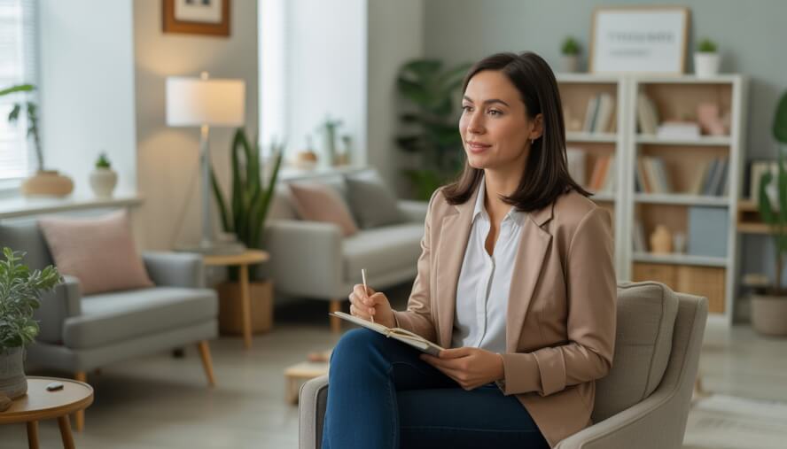A female therapist sitting in a cozy counseling office with plants and bookshelves, looking warm and approachable.