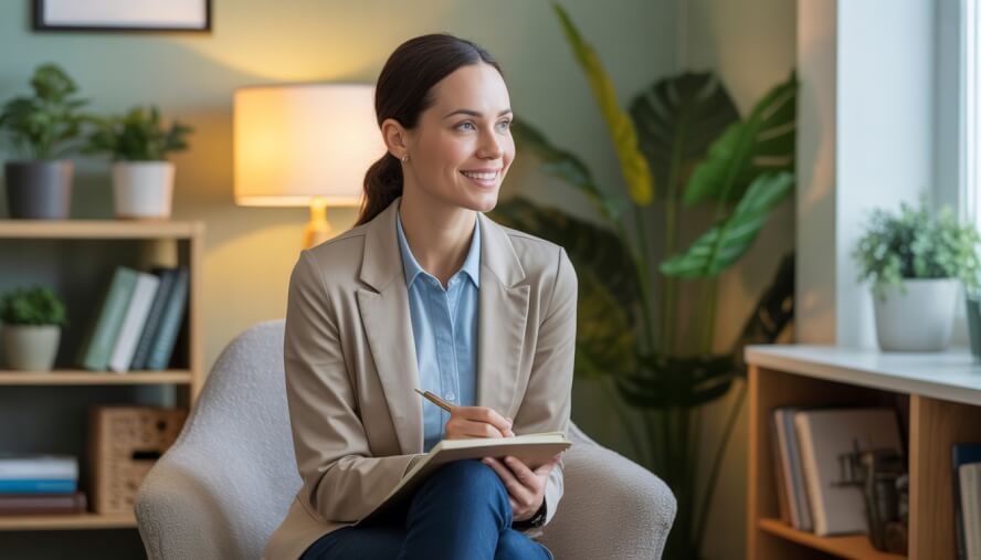 A female therapist sitting in a comfortable office, smiling gently and holding a notepad, surrounded by calming decor.