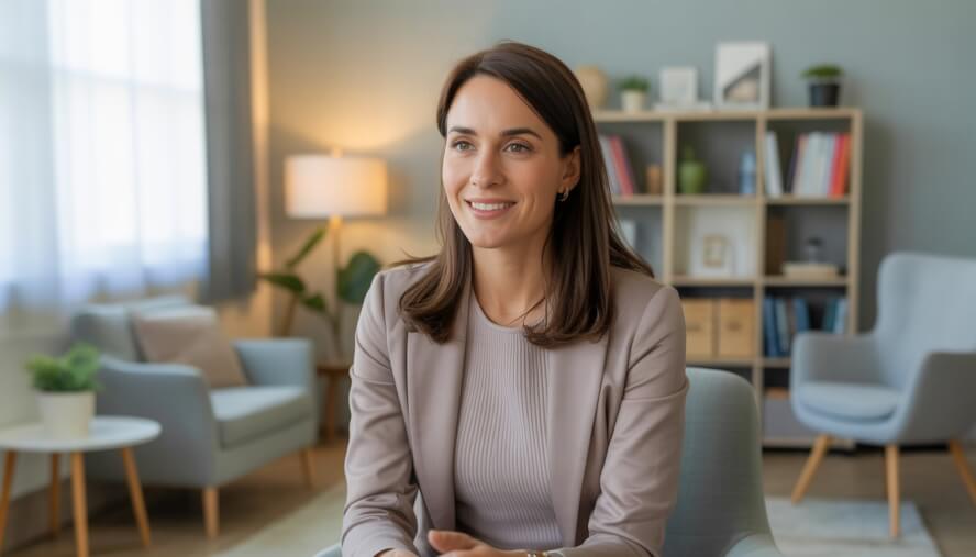 A female therapist sitting in a bright, welcoming counseling office, smiling gently.