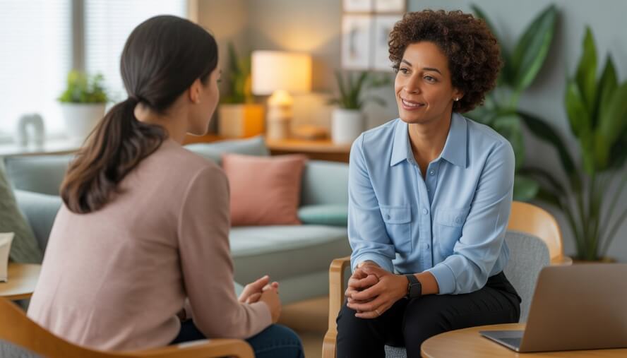 A therapist attentively listening to a client in a comfortable therapy office with a laptop and cozy seating area.