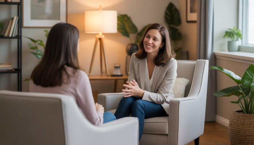 A female therapist attentively listening to a client in a warmly lit therapy office.