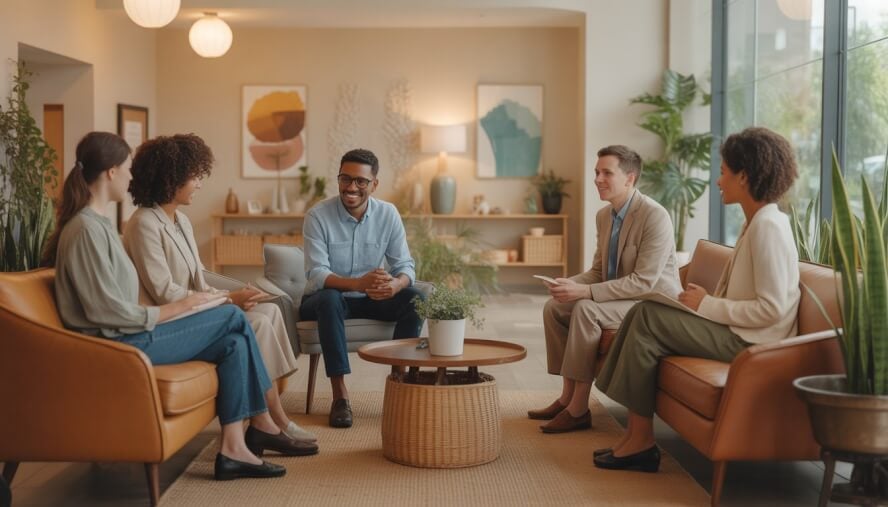 A welcoming therapy center reception area with diverse therapists and clients engaged in a supportive conversation.