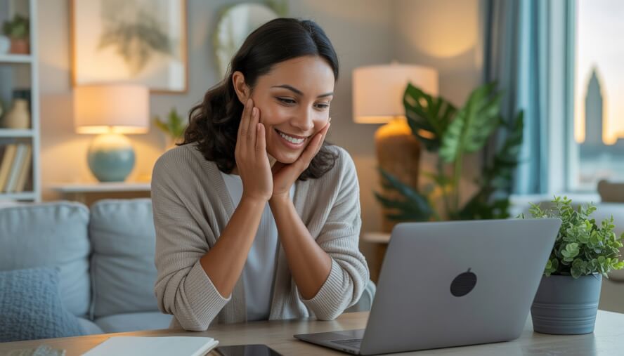 A female therapist attentively engaged in an online counseling session in a cozy home office with a city skyline visible through the window.