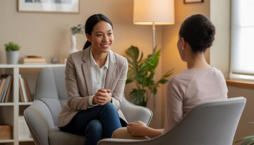 A trauma therapist attentively listening to a client in a warm and inviting therapy office.