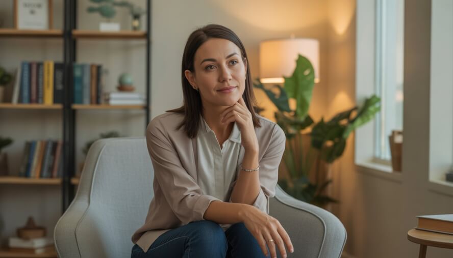 A female therapist sitting in a cozy therapy office with books and plants, looking calm and approachable.