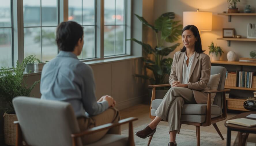 A female therapist sitting in a comfortable office talking with a client in a warm, inviting counseling space.