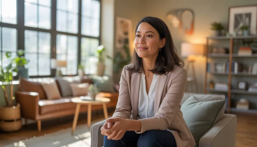 A female therapist sitting in a bright, cozy office with plants and books, looking calm and approachable.
