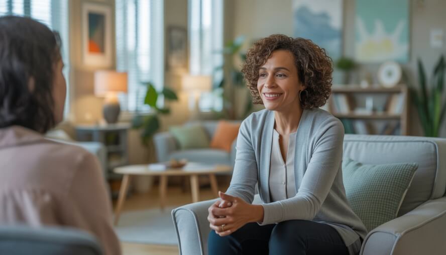 A therapist sitting in a bright, comfortable office speaking kindly to a client.