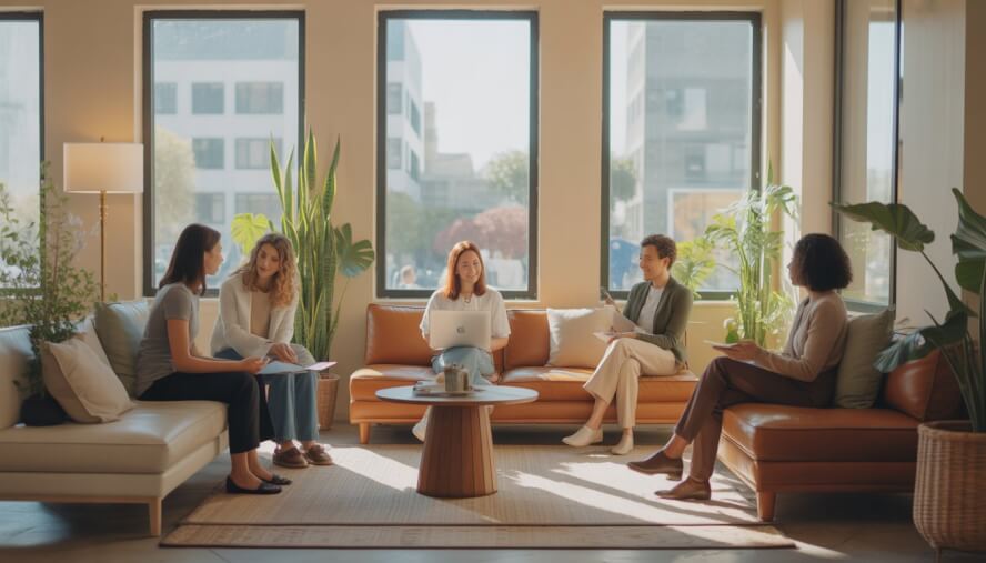 A welcoming therapy center with therapists and clients interacting in person and via video call, with plants and natural light in the room.