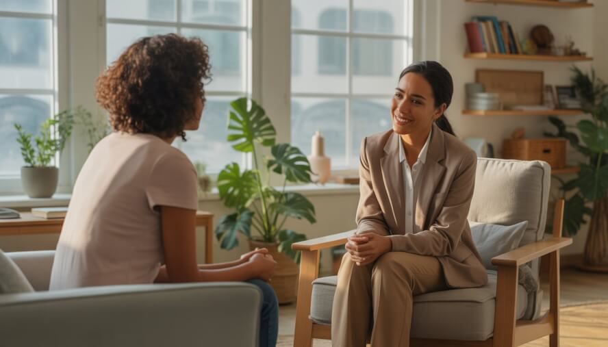 A therapist attentively listening to a client in a bright, comfortable therapy office with plants and books.