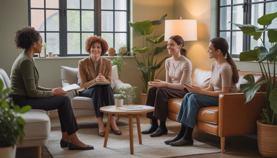A group therapy session in a bright, comfortable office with therapists listening attentively to a client.