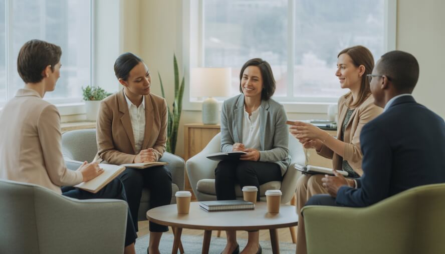 A group of diverse therapists talking together in a bright, comfortable office with large windows and plants.