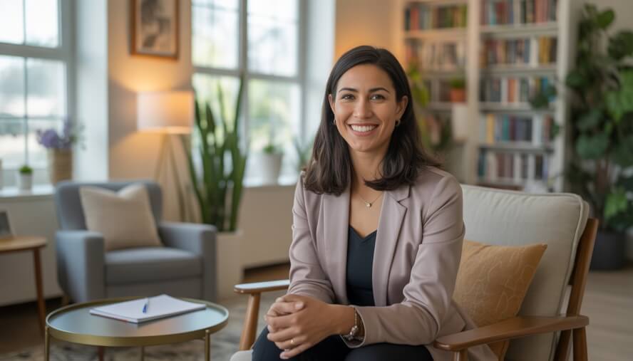 A female psychologist sitting in a bright, cozy therapy office with plants and bookshelves, smiling warmly.