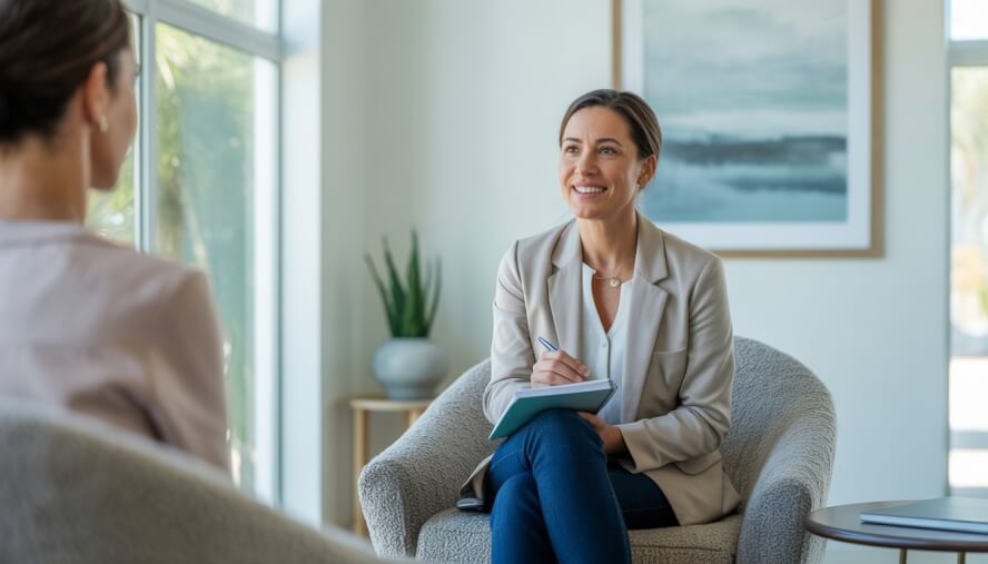 A female therapist sitting in a bright office, attentively listening and taking notes.