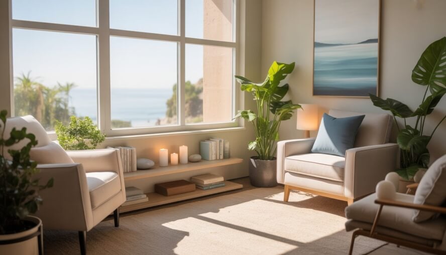 A bright therapy room with comfortable seating, plants, and large windows showing a coastal view.