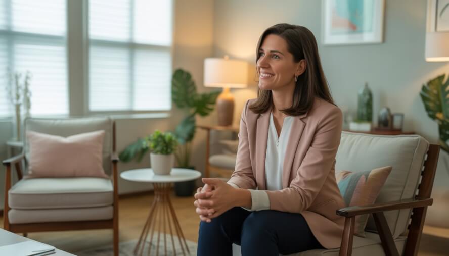 A female therapist sitting in a bright, comfortable counseling office with warm and inviting surroundings.